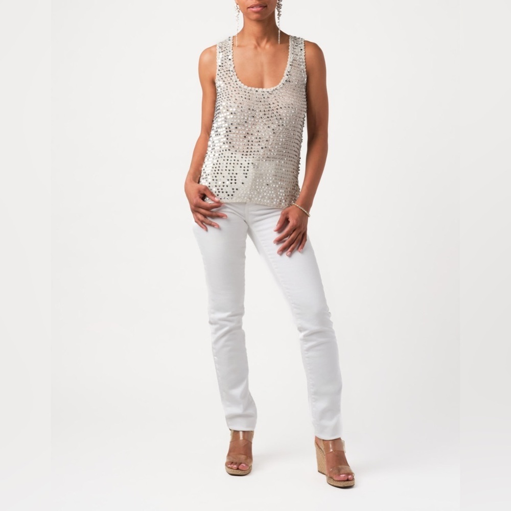 Calypso ST. Barth Lucia Top Silver White Sequin Sleeveless Top size small